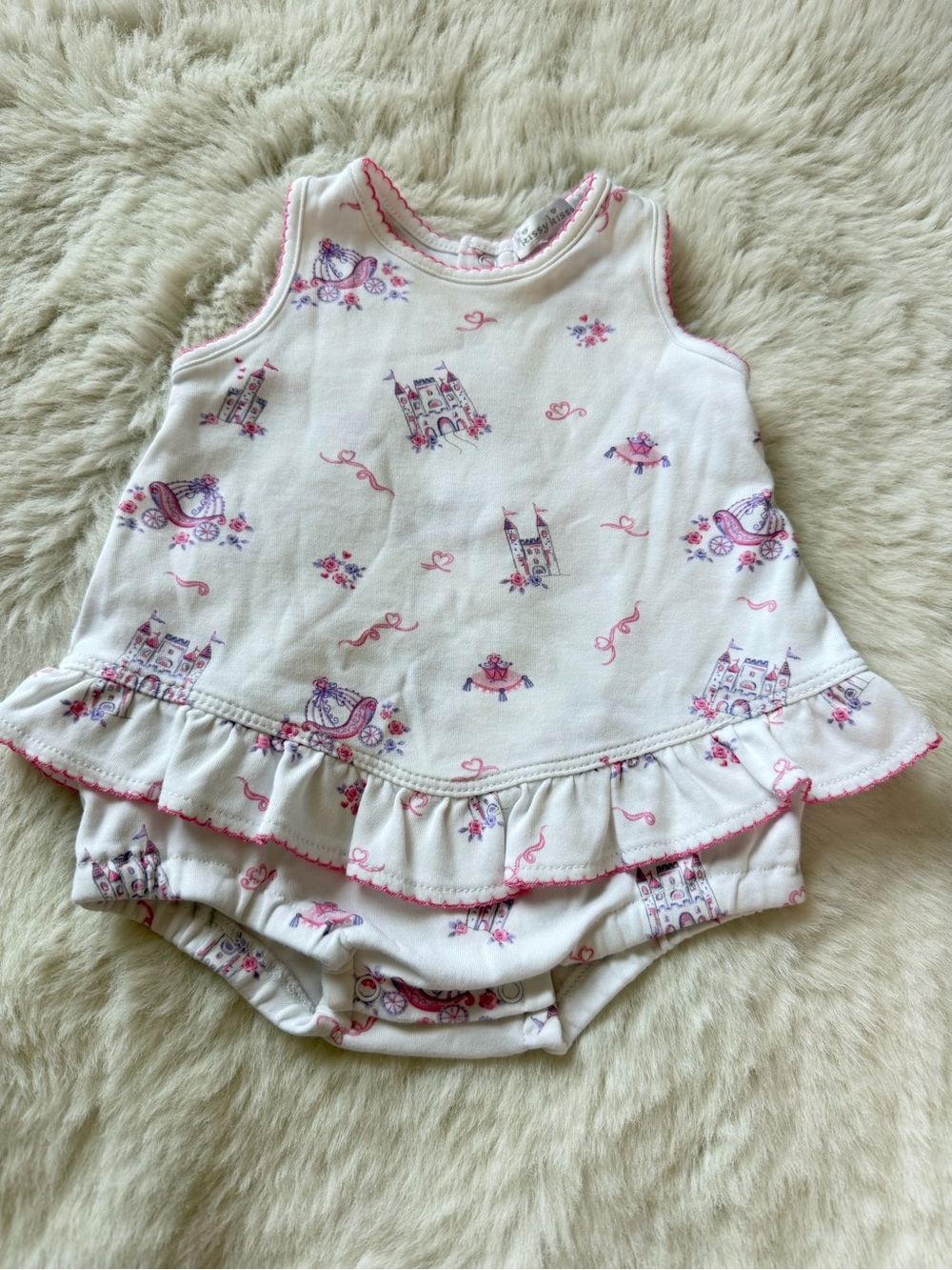 Kissy Kissy White & Pink Castle Print Ruffle One-Piece bubble 3-6 months